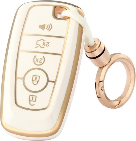 for Ford Key Fob Cover with Keychain, Soft TPU Full Protection Fob Compatible with Explorer Fusion Escape Edge Expedition F150 F250 F350 F450 F550 Maverick Mustang 5 Buttons, Gold White in Kuwait