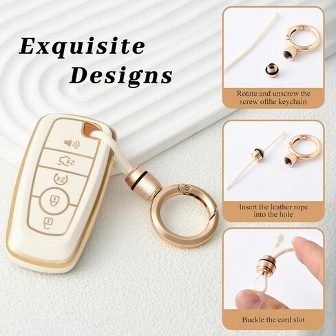 for Ford Key Fob Cover with Keychain, Soft TPU Full Protection Fob Compatible with Explorer Fusion Escape Edge Expedition F150 F250 F350 F450 F550 Maverick Mustang 5 Buttons, Gold White in Kuwait