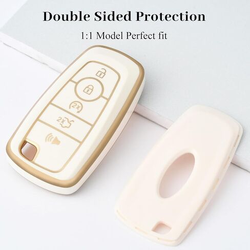 for Ford Key Fob Cover with Keychain, Soft TPU Full Protection Fob Compatible with Explorer Fusion Escape Edge Expedition F150 F250 F350 F450 F550 Maverick Mustang 5 Buttons, Gold White in Kuwait