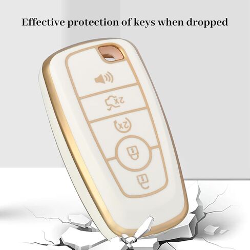 for Ford Key Fob Cover with Keychain, Soft TPU Full Protection Fob Compatible with Explorer Fusion Escape Edge Expedition F150 F250 F350 F450 F550 Maverick Mustang 5 Buttons, Gold White in Kuwait