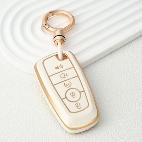 for Ford Key Fob Cover with Keychain, Soft TPU Full Protection Fob Compatible with Explorer Fusion Escape Edge Expedition F150 F250 F350 F450 F550 Maverick Mustang 5 Buttons, Gold White in Kuwait