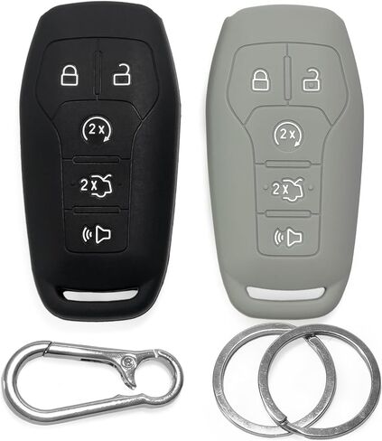 أغطية مفاتيح Click&Fit من السيليكون متوافقة مع Ford F-150 F-250 15-17، Explorer 16-17، Mustang 15-17، Fusion، Edge، Lincoln 13-19 MKZ MKX MKC - حافظة مطاطية لمفتاح السيارة عن بعد 5 أزرار، أسود +رمادي in Kuwait