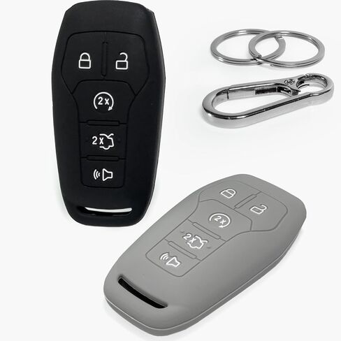أغطية مفاتيح Click&Fit من السيليكون متوافقة مع Ford F-150 F-250 15-17، Explorer 16-17، Mustang 15-17، Fusion، Edge، Lincoln 13-19 MKZ MKX MKC - حافظة مطاطية لمفتاح السيارة عن بعد 5 أزرار، أسود +رمادي in Kuwait