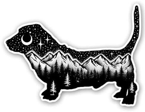 Basset Hound Decal Sticker for Car or Truck Windows Plus Laptops and Tumblers-Dog Vinyl Sign Art Print with a Forest, Trees and Mountains at Night with The Moon and Stars, 5in x 3.75in, Small in Saudi Arabia