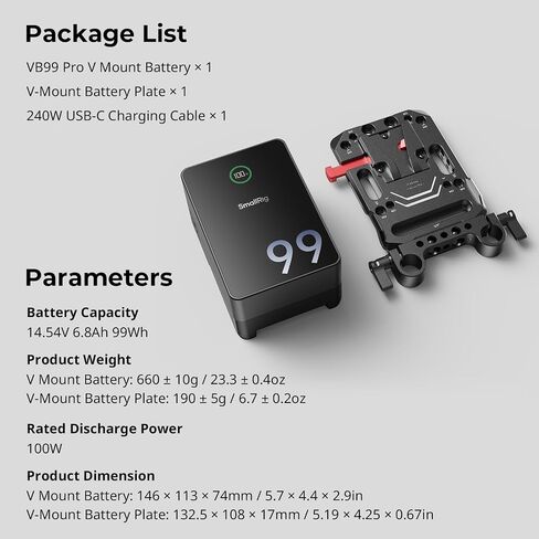 بطارية SMALLRIG V Mount VB99 Pro، بطارية صغيرة على شكل V بقدرة 99 وات/6800 مللي أمبير في الساعة مع شحن سريع PD بقدرة 100 وات USB-C، مع لوحة بطارية على شكل V، وبطارية على شكل V ولوحة لكاميرا DSLR، وكاميرا الفيديو، وحامل ثلاثي الأرجل - 5046 in Saudi Arabia