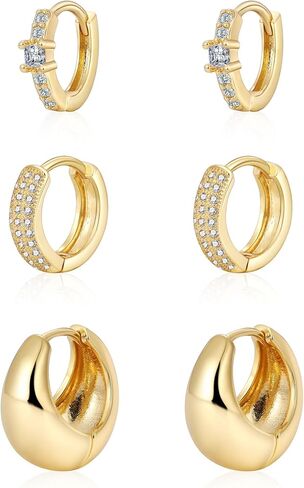 3 Pairs Gold Earrings for Women Dainty Small Gold Earring Set 14K Gold Hoop Earrings Cute Cz Hoop Flat Back Earrings Trendy Earring Gold Jewelry Set Gift in Saudi Arabia
