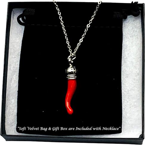 Italian Red Horn Necklace - Silver Cornicello Good Luck Pendant with Sterling Silver Chain in Kuwait