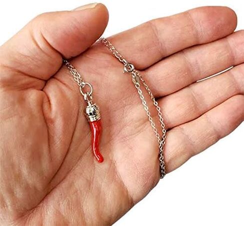 Italian Red Horn Necklace - Silver Cornicello Good Luck Pendant with Sterling Silver Chain in Kuwait