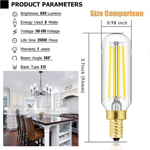 مصابيح LED T6 قابلة للتعتيم، مصابيح إضاءة اديسون 8 وات E12 بيضاء باردة 5000 ك، 800 لومن، 100 وات لمبات شمعدان متوهجة تعادل لمبة شمعة اديسون ذات خيوط LED عتيقة مع ديكور، 6 عبوات in Saudi Arabia