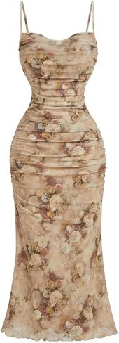 GORGLITTER Women's Floral Ruched Bodycon Midi Dress Mesh Sleeveless Fishtail Cami Dresses in Kuwait
