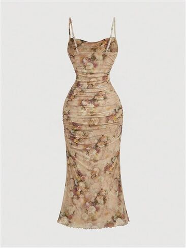 GORGLITTER Women's Floral Ruched Bodycon Midi Dress Mesh Sleeveless Fishtail Cami Dresses in Kuwait