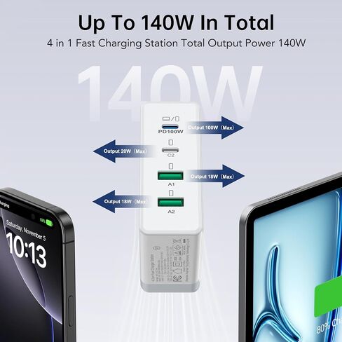156W USB C Charger Block, 4-Port Type C Fast Desk Charging Station PD3.0 and QC 65W Laptop Wall Charger Adapter Plug Hub for MacBook Pro/Air,DELL,HP Surface for iPhone 15/Pro/14/13,Galaxy S23 in Saudi Arabia
