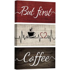 KREATIVE ARTS Modern Coffee Bar Wall Decor - 'But First Coffee' Kitchen Canvas Art - 3-Piece Canvas Prints Set Stretched Canvas Ready to Hang Each 6x12 inches - Dining Room Decor (Red)