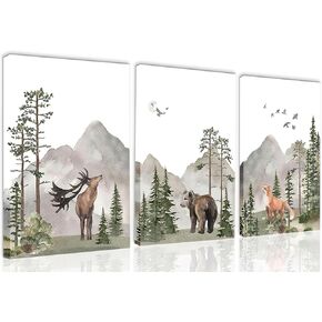 Yaneiro Woodland Nursery Canvas Wall Art Set of 3, Wild Animals Forest Adventure Theme Posters Prints, Deer Bear Fox Watercolor Paintings Wall Decor for Boys and Girls Room 12x16in Framed