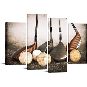 KREATIVE ARTS 4 Panel Vintage Sports Canvas Wall Art Rustic Golf Balls Picture Art Prints Still Life Poster Artwork Painting for Gym Man Cave Decor Ready to Hang 48x33 Inches