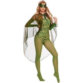 ATAMET Halloween women's toxic villain costume, plant vine pattern full set with cloak jumpsuit cosplay