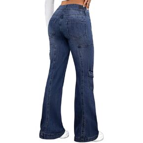 بنطال جينز Flamingals النسائي ذو الجرس السفلي ذو الساق الواسعة لرفع المؤخرة والجيوب المتعددة in Kuwait