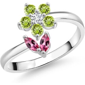 Gem Stone King 925 Sterling Silver Pink Tourmaline Green Peridot and White Lab Grown Diamond Flower Open Ring For Women (0.56 Cttw, Gemstone October Birthstone, Available In Size 5, 6, 7, 8, 9)