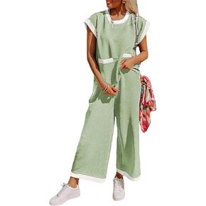 SHEWIN Women's 2 Piece Lounge Sets Casual Cap Short Sleeve Knit Sweater Tops Matching Wide Leg Pants Tracksuit Set