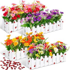 Jexine Artificial Flower Plants Potted in Picket Fence Mixed Color Daisies in Picket Fence Pot for Indoor Office Wedding Home Spring Decor(11.8 Inch, 24 Pcs)