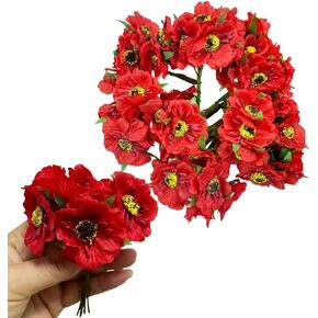 60pcs Mini Artificial Poppy Flowers Heads and Soft Stem,45mm Tiny Anemone Flower add Green Leaf for DIY Wedding Make Bridal Hair Clips,Cake Top,Wrist Corsage Boutonniere,Wreath Bracelet Flower (Red)