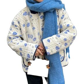 Women Zip Up Quilted Jackets Floral Open Front Cropped Cardigan Vinatge Lightweight Winter Warm Puffer Jacket