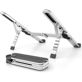 ZenRich Foldable Laptop Stand for Travel, Ergonomic Aluminum Laptop Holder Riser with 6-Levels Height Adjustment, Fits with MacBook Air, MacBook Pro, iPad, HP, Dell, Lenovo (Up to 17.3''), Silver