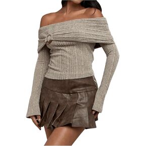 MakeMeChic Women's Rib Knitted Off The Shoulder Tee Top Long Sleeve Slim Fit T Shirts