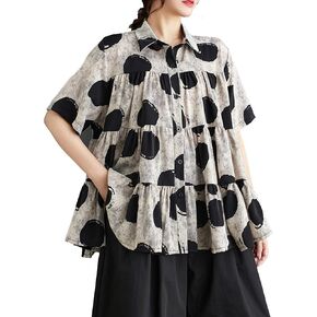 ellazhu Women's Short Sleeves Polka Dot Floral Print Casual Button Down T-Shirt GZ167
