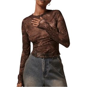 Milumia Women's Animal Print See Through T Shirt Sexy Long Sleeve Mesh Tops