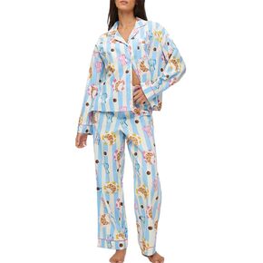 Womens Christmas Silk Satin Pajama Set Santa Claus Print Long Sleeve Sleepwear Button Down Pjs Shorts Set