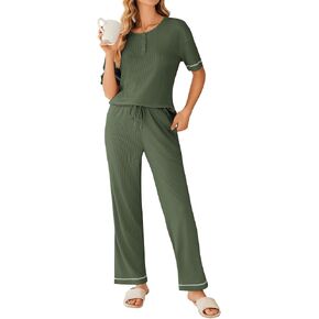 Ekouaer Womens Pajama Sets Waffle Knit Pajamas for Women Set Loungewear 2 Piece Pjs with Pockets Short Sleeve Top Long Pant
