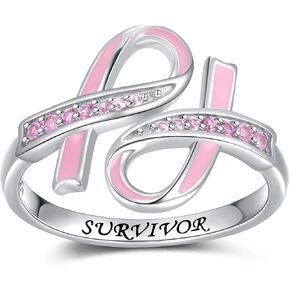 Sterling Silver Breast Cancer Awareness Rings Pink Ribbon Ring for Women Jewelry Strength Gifts for Cancers Survivor