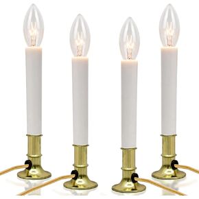 SUNSGNE Electric Window Candle Lamp with Golden Plated Base, Set of 4 Plug in Electric Candle Lights Christmas Window Candles with 7 Watt C26 Clear Light Bulbs, Turn On/Off, Ivory Color Cord