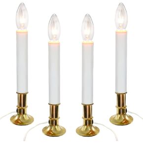 مصباح شمعة نافذة كهربائي من SUNSGNE بقاعدة مطلية بالذهب، مجموعة من 4 شموع كهربائية في شموع نافذة عيد الميلاد مع مصابيح إضاءة شفافة بقدرة 7 وات C26، تشغيل/إيقاف، سلك بلون عاجي in Kuwait