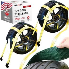 Boxer Tow Dolly Basket Straps with Flat Hooks – 2 Pack – Wheel Bonnet Tie Down System – 15"-19" Tires, 10,000lbs Breaking Strength with Rubber Sleeve – Wheel Car Basket