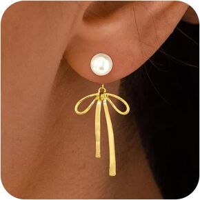 Gold Bow Earrings for Women Trendy, Cute Bow Stud Earring 14k Gold Plated Dainty Ribbon Pearl Bow Drop Dangle Earrings Hypoallergenic Gold Earrings Sparkly Christmas Earrings for Women Jewelry Gift
