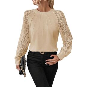 Women's Crochet Lace Long Sleeve Shirt Fashion Pleated Crewneck Loose Blouse Tops