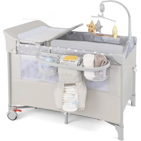 BABY JOY 5-in-1 Pack and Play, Portable Baby Bedside Sleeper with Bassinet, U-Shaped Diaper Changer, Safety Strap, Side Zipper Entrance, Bedside Crib Playard from Newborn to Toddlers (Coffee)