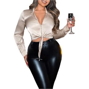 SOLY HUX Women's Satin Crop Blouse Collared V Neck Long Sleeve Shirts Sexy Cropped Tops