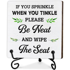 Funny Bathroom Home Desk Decor, If You Sprinkle When You Tinkle Wooden Sign, Home Gifts Wooden Sign with Stand, Rustic Bathroom Decorations for Shelf Table Decor, 5" x 5"-A20