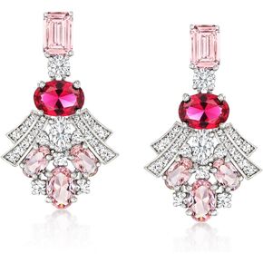 Ross-Simons 3.10 ct. t.w. Simulated Morganite and 1.50 ct. t.w. Simulated Ruby Drop Earrings With 1.20 ct. t.w. Czs in Sterling Silver