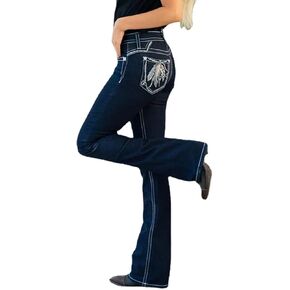Women's Casual Stretchy Retro Mid Waist Embroidered Bootcut Jeans Washed Tummy Juniors Jeans