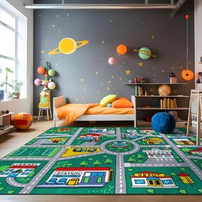 Rugshop Kids Playmat Road Traffic Educational High Traffic Living Room,Bedroom,Kitchen, Home Office Non Slip Area Rug 5' x 7' Green