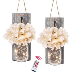 Besuerte Rustic Wooden Wall Hanging Decor with LED String Lights for Modern Living Room and Bedroom, Inspirational Country Style Vintage Wall Decoration Art, 6 Hour Timer Set of 2 Grey