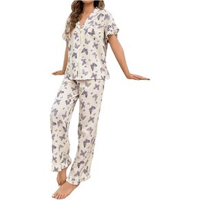 WDIRARA Women's Two Piece Butterfly Print Pajama Set Ruffled Lapel Button Down Sleepwear