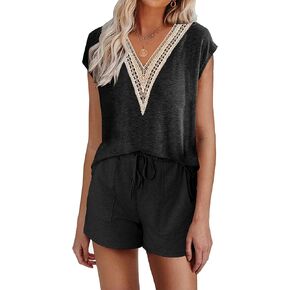 Remidoo Women's Short Sleeve Pajama Sets Lace Trim Top and Shorts 2 Piece Lounge Set
