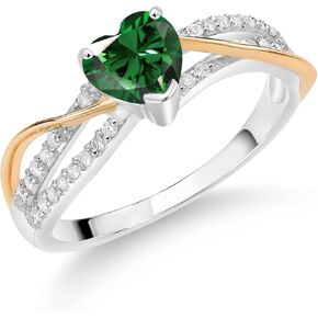 Gem Stone King 0.85 Ct Heart Shape Green Nano Emerald E-F Lab Grown Diamond 925 Silver and 10K Yellow Gold Ring