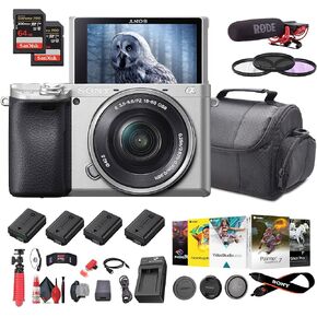 Sony a6400 Mirrorless Camera with 16-50mm Lens with Real-Time Eye Auto Focus, 4K Video (ILCE-6400L/B) + VideoMic + 2 x 64GB Memory Card + 3 x NP-FW50 Battery + Photography Software + More (Renewed)