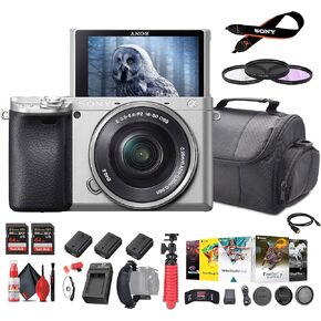 Sony a6400 Mirrorless Camera with 16-50mm Lens with Real-Time Eye Auto Focus, 4K Video (ILCE-6400L/B) + 2 x 64GB Memory Card + 2 x NP-FW50 Battery + Photography Software + Filter Kit + More (Renewed)